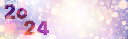 New Year 2024 gold and purple gradient horizontal banner with beautiful sun rays and blurred yellow...