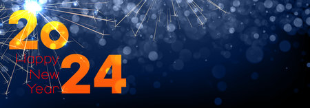 New Year 2024 horizontal poster with bright orange numbers on gradient dark blue background with defocused snowflakes and fireworks light sparkles. Vector winter illustration with place for text.のイラスト素材