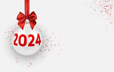 Realistic Christmas white ball with red satin ribbon and a bow, isolated on white background with confetti and 2024 lettering. Vector new year illustration.のイラスト素材