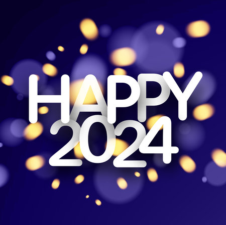 Happy 2024 new year background. White paper numbers with shadows with blurred orange flying sparkles. Vector illustration.のイラスト素材