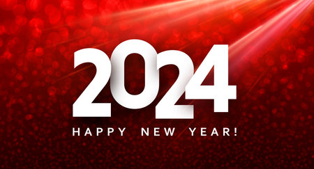 New Year 2024 white paper numbers on bright red textured background with light red defocused...