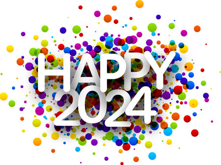 Happy New Year 2024 paper numbers for calendar header on colorful background made of multicolored confetti. Vector illustration.のイラスト素材
