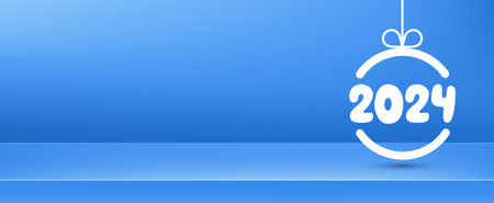 New Year 2024 white rounded numbers for calendar header in christmas bauble on clean bright blue 3d horizontal banner with place for text. Vector illustration.のイラスト素材