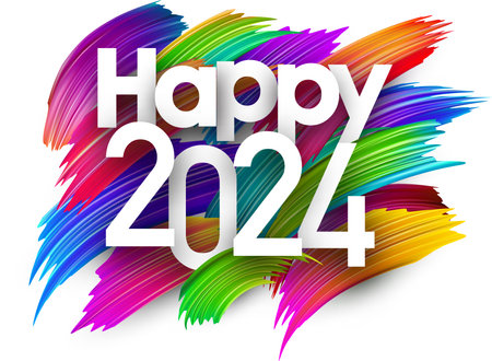 Happy New Year 2024 paper numbers for calendar header on colorful background made of different color brush strokes. Vector illustration.のイラスト素材