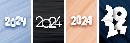 Set of New Year 2024 vertical cards with numbers made of white paper on silver, black, blue textured...