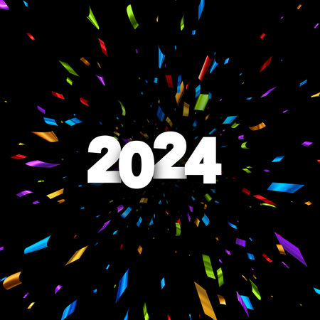 New Year 2024 paper numbers for calendar header on black background with explosion of multicolored foil confetti. Vector illustration.のイラスト素材