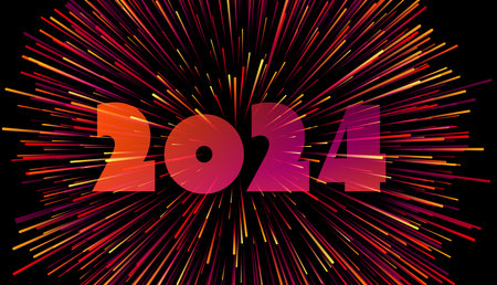 New Year 2024 paper numbers for calendar on colorful background made of exploding fireworks particles. Vector illustration.のイラスト素材