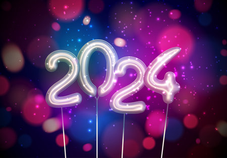 New Year 2024 background with silver inflated balloon numbers with blue and purple defocused lights. Vector illustration.のイラスト素材