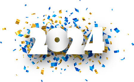 New Year 2024 paper numbers for calendar header on colorful background made of blue and golden confetti. Vector illustration.のイラスト素材