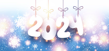 New Year 2024 poster with white paper numbers on bright blue textured background with blurred round sparkles, snowflakes and bokeh. Vector illustration.のイラスト素材