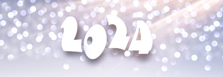 2024 New Year poster with lettering on bright silver background with blurred round sparkles,...