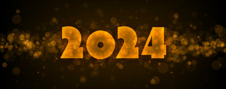 Happy new year 2024 bright glossy orange lettering on horizontal abstract banner with bokeh and blurred light particles. Party invitation card. Vector illustration.のイラスト素材