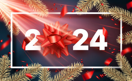 Happy new year 2024 white paper lettering with red shiny bow on abstract banner with golden fir branches and red confetti. Party invitation card. Vector illustration.のイラスト素材