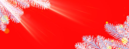 Horizontal morning red bright banner with blue realistic fir branches. Sunlight with shiny particles and copy space. Vector illustration.のイラスト素材