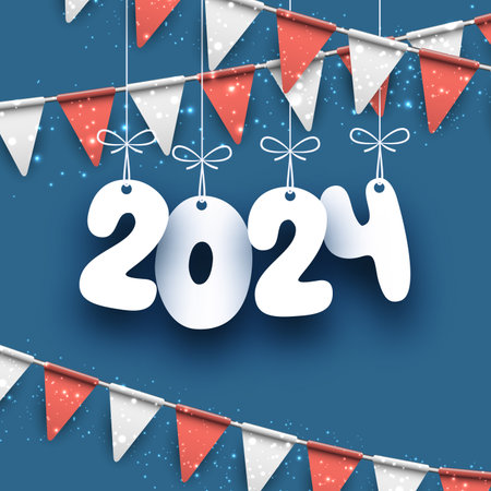 Happy new year paper 2024 lettering on blue celebrate background with red and white triangle flags. Vector illustration.のイラスト素材