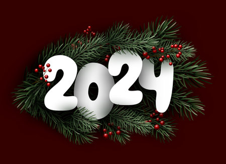 Happy new year 2024 white paper lettering on green background with fir branches and red berries. Vector illustration.のイラスト素材