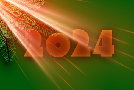 2024 New Year poster with orange glass lettering on green background with fir branches and sun light. Vector illustration.のイラスト素材