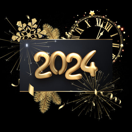Happy new year 2024 golden lettering made of shiny balloons on rectangular black background with...