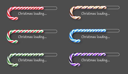 Set of colorful shiny Christmas loading bars made of sweet realistic candies on grey background. Vector illustration.のイラスト素材