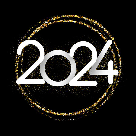 Happy new year white paper 2024 lettering on golden rings made of sand or small shiny particles. Vector illustration.のイラスト素材