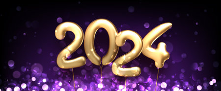 Happy new year 2024 lettering made of 3d golden balloons on bright purple background with bokeh and round defocused glittering particles. Party invitation card. Vector illustration.のイラスト素材