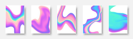 Set of colorful hologram paper card. Abstract holographic wavy gradient mesh color backgrounds. Made for invitation, webpages, apps, party flyer, simple web design. Vector illustration.のイラスト素材