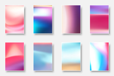 Set of colorful hologram paper card. Abstract holographic wavy gradient mesh color backgrounds. Made for invitation, webpages, apps, party flyer, simple web design. Vector illustration.のイラスト素材