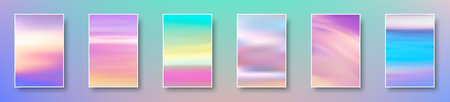 Set of colorful hologram paper card. Abstract holographic wavy gradient mesh color backgrounds. Made for invitation, webpages, apps, party flyer, simple web design. Vector illustration.のイラスト素材