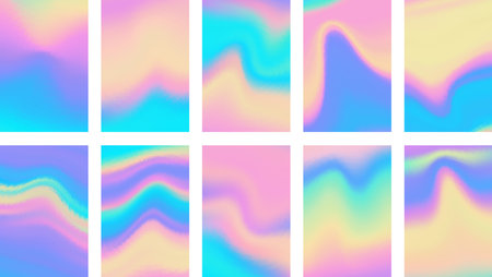 Set of colorful hologram banner. Abstract holographic wavy gradient mesh color backgrounds. Made for invitation, webpages, apps, party flyer, simple web design. Vector illustration.のイラスト素材