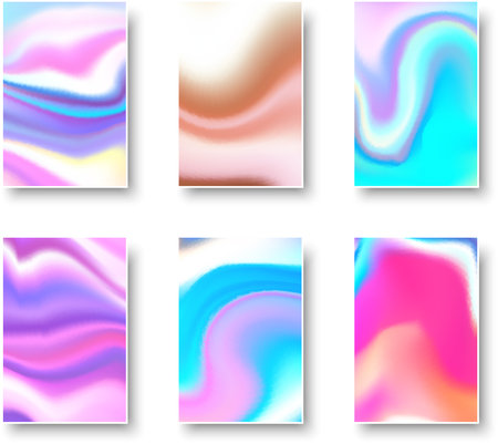 Set of colorful hologram paper card. Abstract holographic wavy gradient mesh color backgrounds. Made for invitation, webpages, apps, party flyer, simple web design. Vector illustration.のイラスト素材
