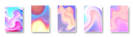 Set of colorful hologram paper card. Abstract holographic wavy gradient mesh color backgrounds. Made for invitation, webpages, apps, party flyer, simple web design. Vector illustration.のイラスト素材