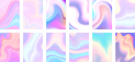 Set of colorful hologram banner. Abstract holographic wavy gradient mesh color backgrounds. Made for invitation, webpages, apps, party flyer, simple web design. Vector illustration.のイラスト素材