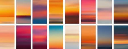 Set of colorful sunset and sunrise sea banners. Abstract blurred textured gradient mesh color backgrounds. Made for invitation, webpages, apps, party flyer, simple web design. Vector illustration.のイラスト素材