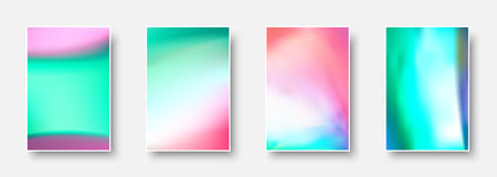 Set of colorful hologram paper card. Abstract holographic wavy gradient mesh color backgrounds. Made for invitation, webpages, apps, party flyer, simple web design. Vector illustration.のイラスト素材