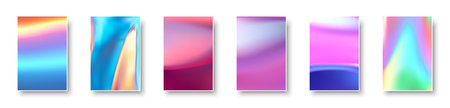 Set of colorful hologram paper card. Abstract holographic wavy gradient mesh color backgrounds. Made for invitation, webpages, apps, party flyer, simple web design. Vector illustration.のイラスト素材