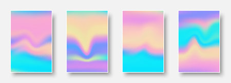 Set of colorful hologram paper card set. Abstract holographic wavy gradient mesh color backgrounds. Made for invitation, webpages, apps, party flyer, simple web design. Vector illustration.のイラスト素材