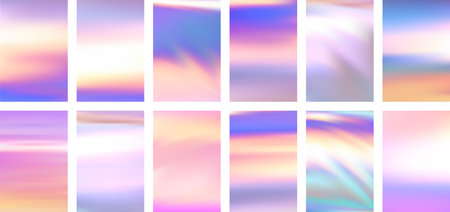 Set of colorful hologram banner. Abstract holographic wavy gradient mesh color backgrounds. Made for invitation, webpages, apps, party flyer, simple web design. Vector illustration.のイラスト素材