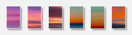 Set of colorful paper sunset and sunrise sea cards. Abstract blurred textured gradient mesh color backgrounds. Made for invitation, webpages, apps, party flyer, simple web design. Vector illustration.のイラスト素材