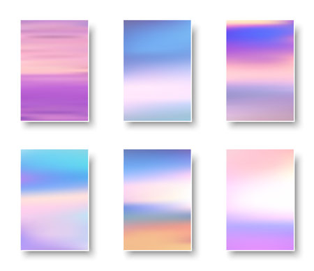 Set of colorful hologram paper card. Abstract holographic wavy gradient mesh color backgrounds. Made for invitation, webpages, apps, party flyer, simple web design. Vector illustration.のイラスト素材