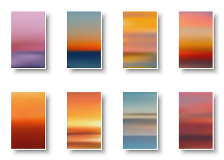 Set of colorful paper sunset and sunrise sea cards. Abstract blurred textured gradient mesh color backgrounds. Made for invitation, webpages, apps, party flyer, simple web design. Vector illustration.のイラスト素材