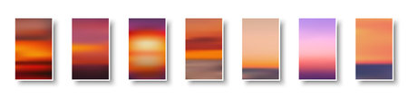 Set of colorful paper sunset and sunrise sea cards. Abstract blurred textured gradient mesh color...