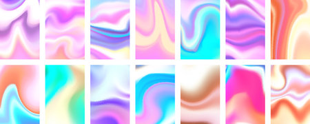 Set of colorful hologram banner. Abstract holographic wavy gradient mesh color backgrounds. Made for invitation, webpages, apps, party flyer, simple web design. Vector illustration.のイラスト素材