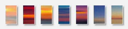Set of colorful paper sunset and sunrise sea cards. Abstract blurred textured gradient mesh color backgrounds. Made for invitation, webpages, apps, party flyer, simple web design. Vector illustration.のイラスト素材