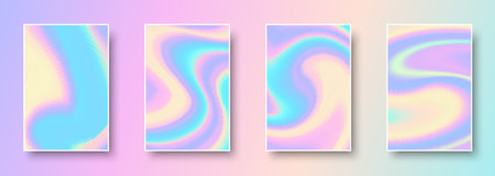 Set of colorful hologram paper card. Abstract holographic wavy gradient mesh color backgrounds. Made for invitation, webpages, apps, party flyer, simple web design. Vector illustration.のイラスト素材