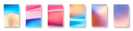 Set of colorful hologram paper card. Abstract holographic wavy gradient mesh color backgrounds. Made for invitation, webpages, apps, party flyer, simple web design. Vector illustration.のイラスト素材