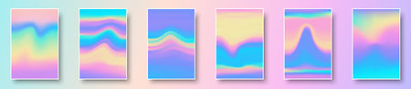 Set of colorful hologram paper card. Abstract holographic wavy gradient mesh color backgrounds. Made for invitation, webpages, apps, party flyer, simple web design. Vector illustration.のイラスト素材