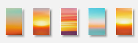 Set of colorful paper sunset and sunrise sea cards. Abstract blurred textured gradient mesh color backgrounds. Made for invitation, webpages, apps, party flyer, simple web design. Vector illustration.のイラスト素材