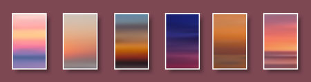 Set of colorful paper sunset and sunrise sea cards. Abstract blurred textured gradient mesh color backgrounds. Made for invitation, webpages, apps, party flyer, simple web design. Vector illustration.のイラスト素材