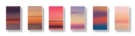 Set of colorful paper sunset and sunrise sea cards. Abstract blurred textured gradient mesh color backgrounds. Made for invitation, webpages, apps, party flyer, simple web design. Vector illustration.のイラスト素材