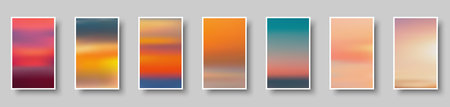 Set of colorful paper sunset and sunrise sea cards. Abstract blurred textured gradient mesh color backgrounds. Made for invitation, webpages, apps, party flyer, simple web design. Vector illustration.のイラスト素材
